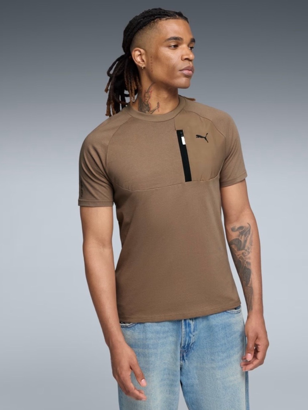 Puma Short-Sleeve Crew Tee in Taupe with Black Zip Detail